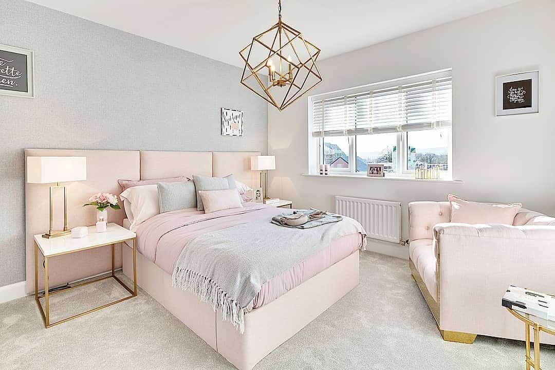 2. Soft Glam with Geometric Touches - pink and gold bedroom ideas