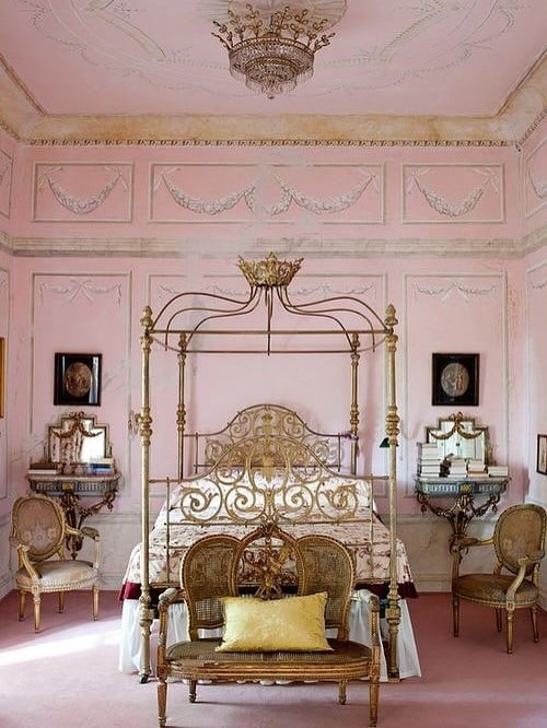 4. Classic Romance with Antique Detailing - pink and gold bedroom ideas