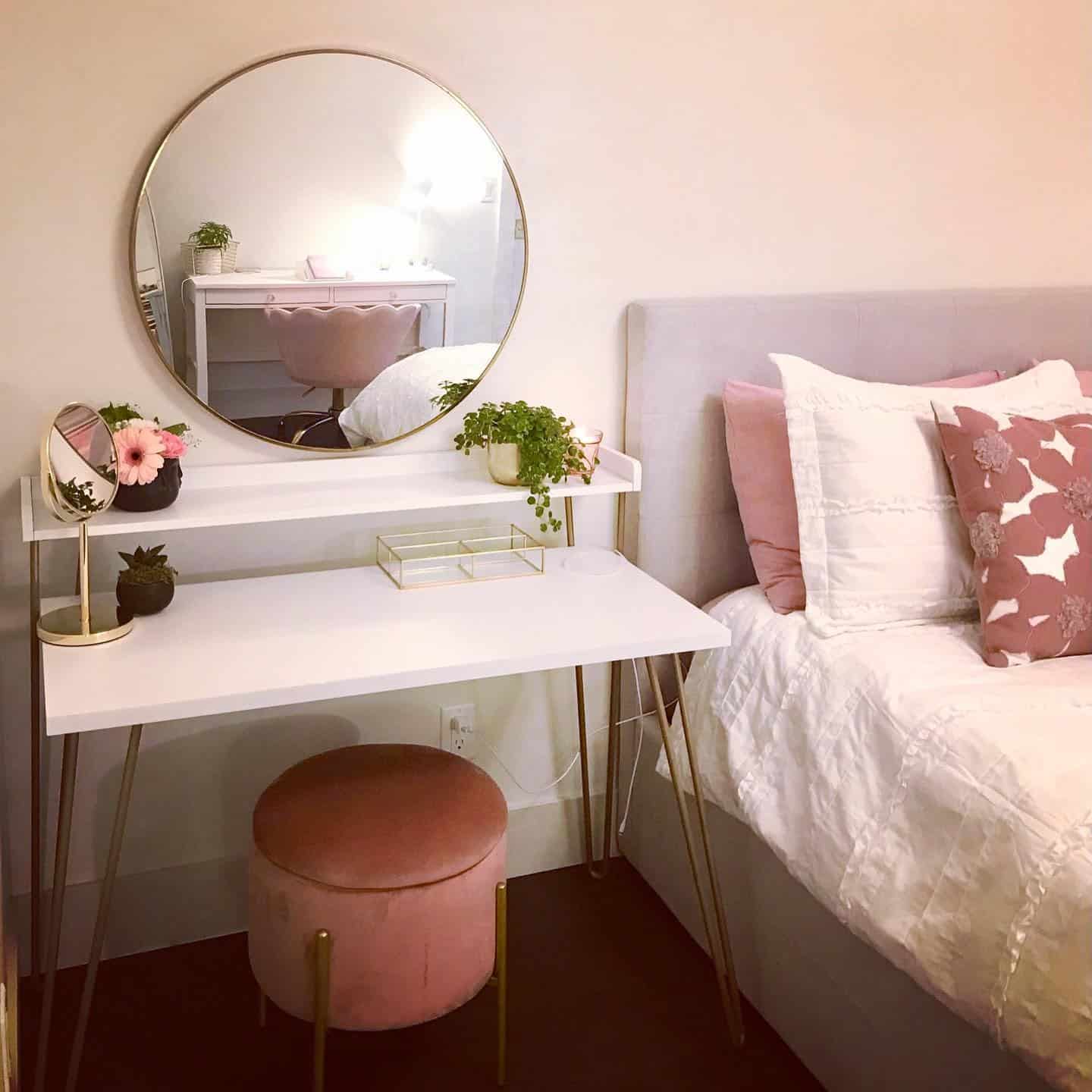 5. Chic Corner Vanity with Blush Accents - pink and gold bedroom ideas