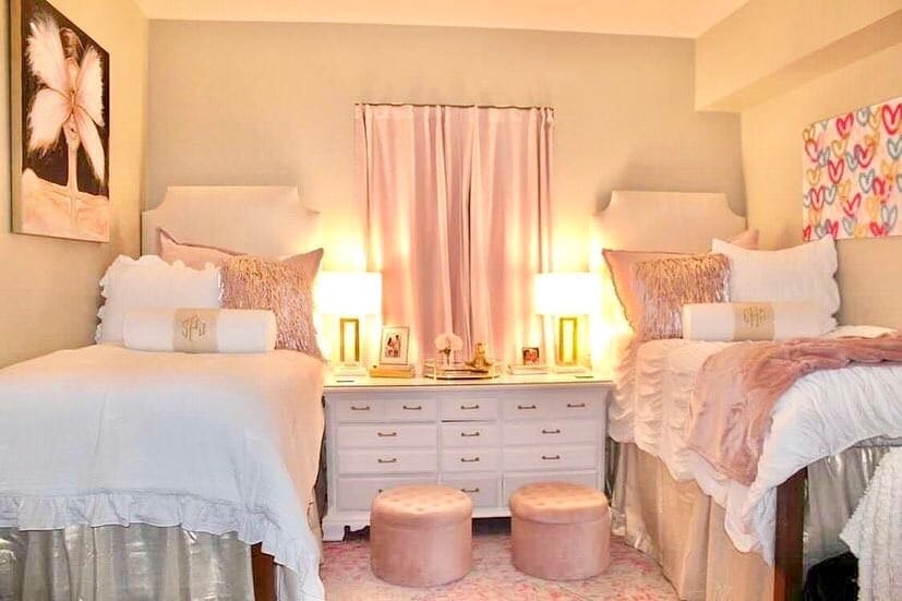 8. Glamorous Twin Retreat with Coordinated Style - pink and gold bedroom ideas