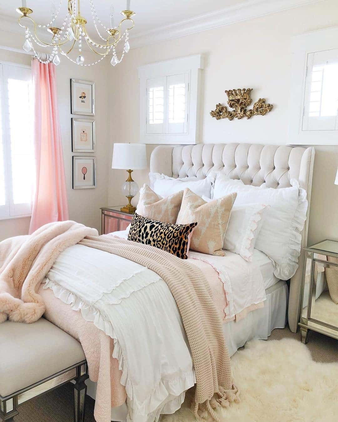 9. Romantic Glam with Crystal Accents - pink and gold bedroom ideas