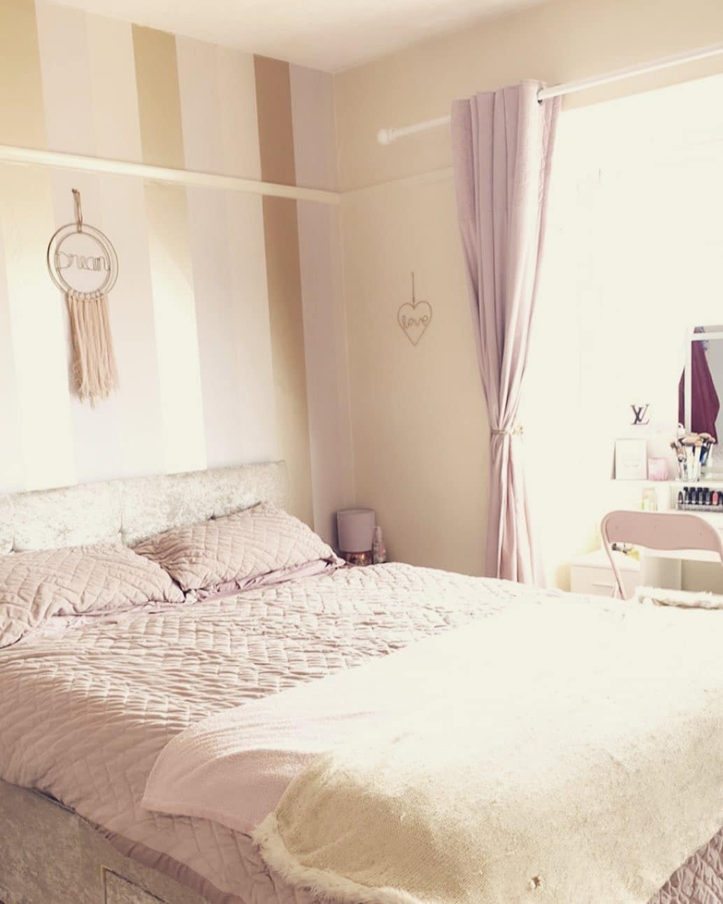 11. Striped Sophistication in Pink and Gold - pink and gold bedroom ideas
