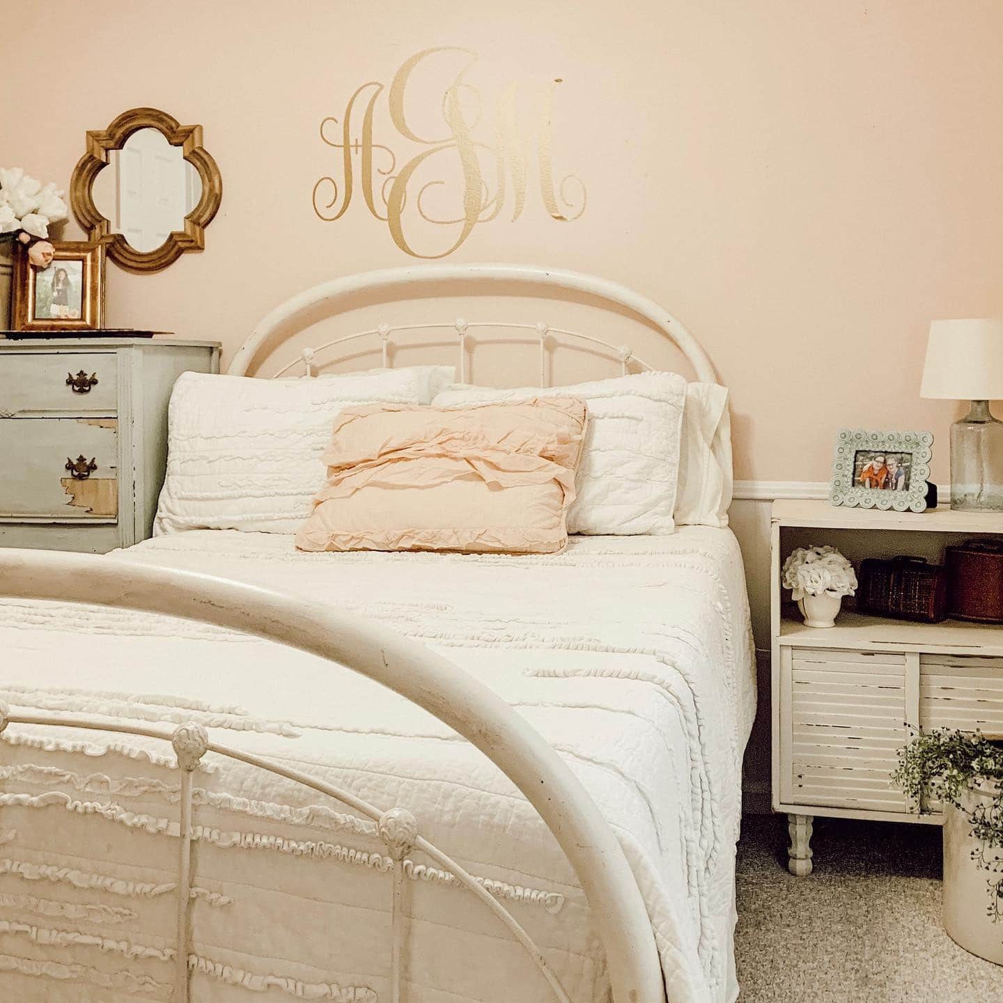 16. Monogrammed Elegance with Subtle Pink - pink and gold bedroom ideas