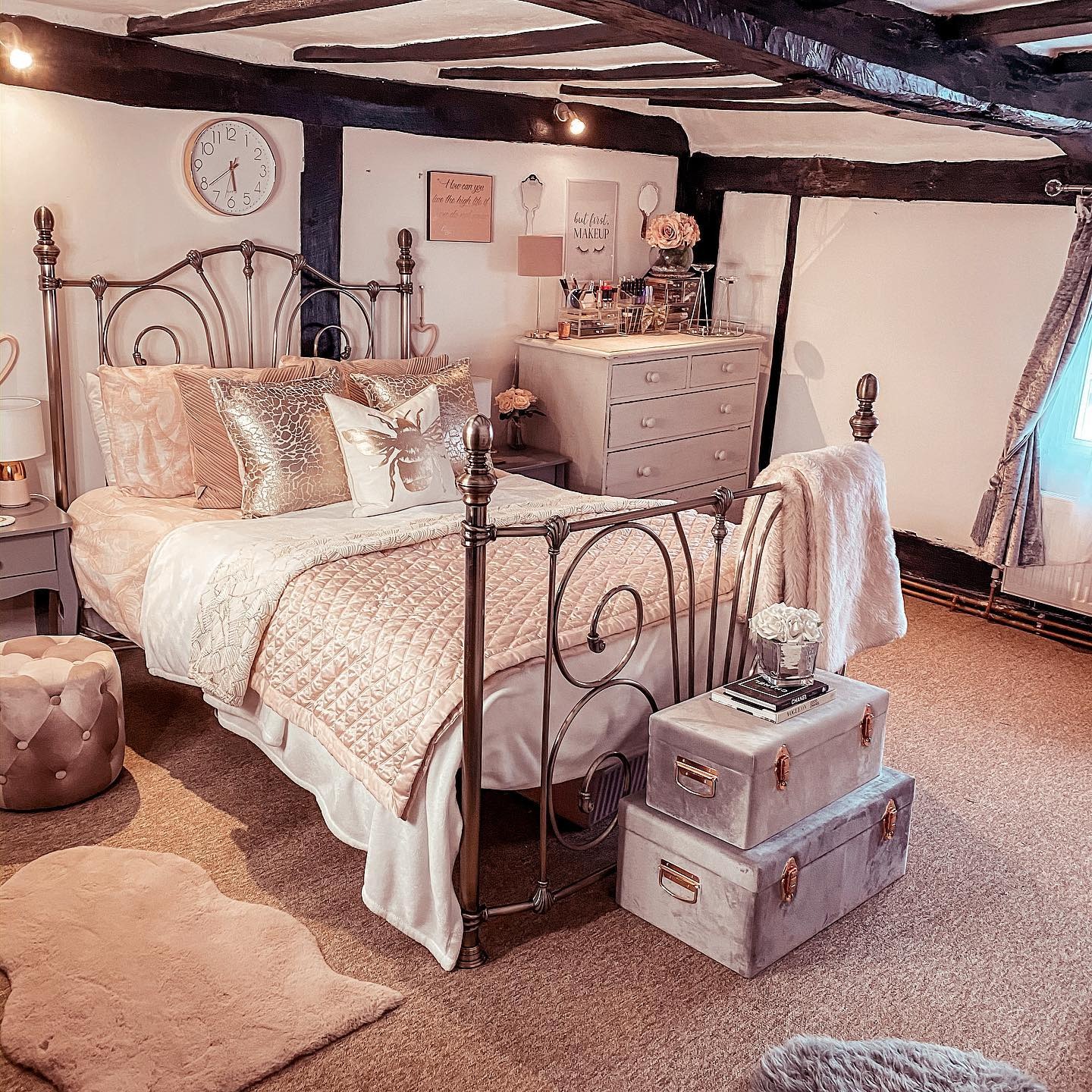 17. Rustic Glam with Metallic Accents - pink and gold bedroom ideas