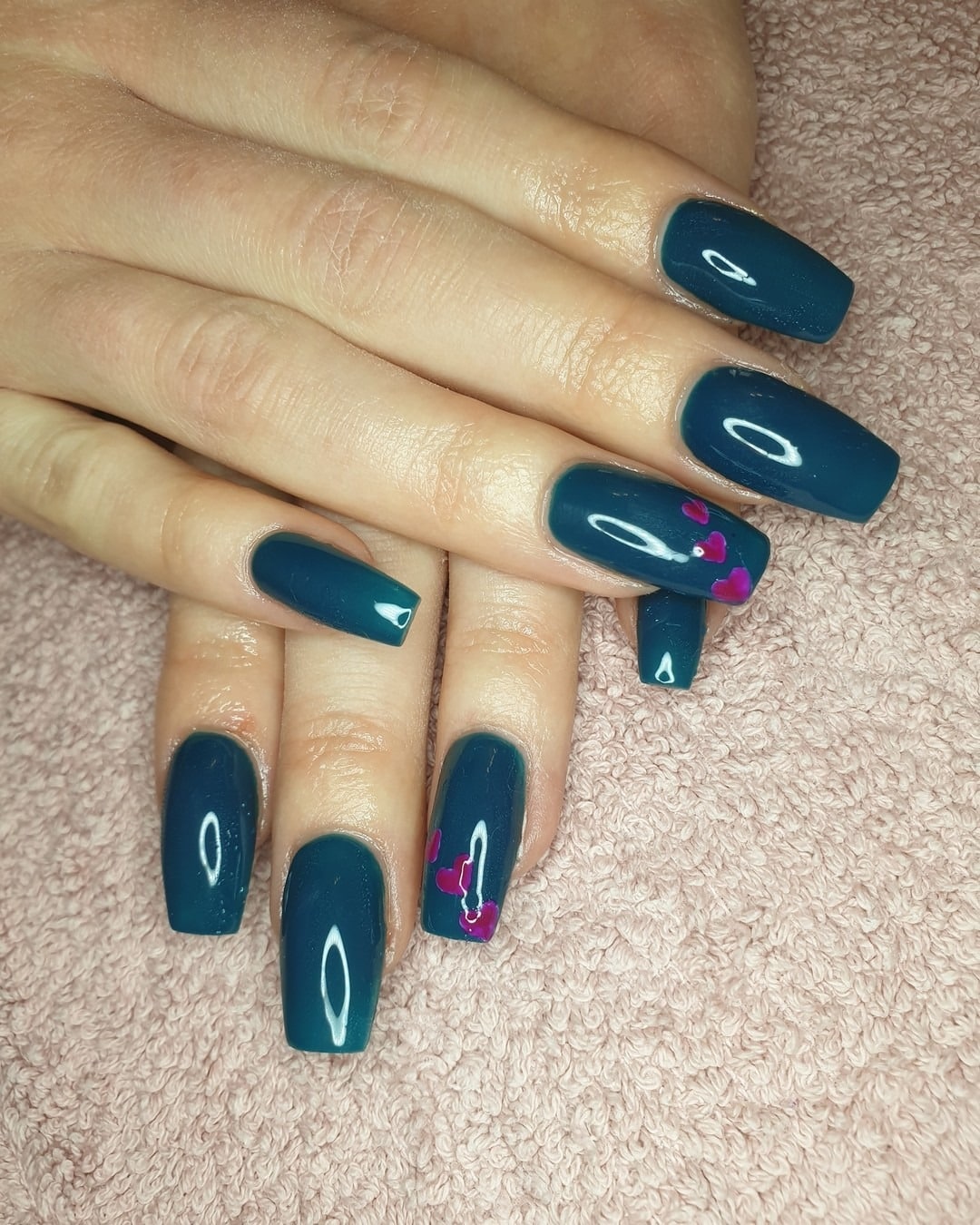 3. Teal Romance with Heart Accents - dark teal nail ideas