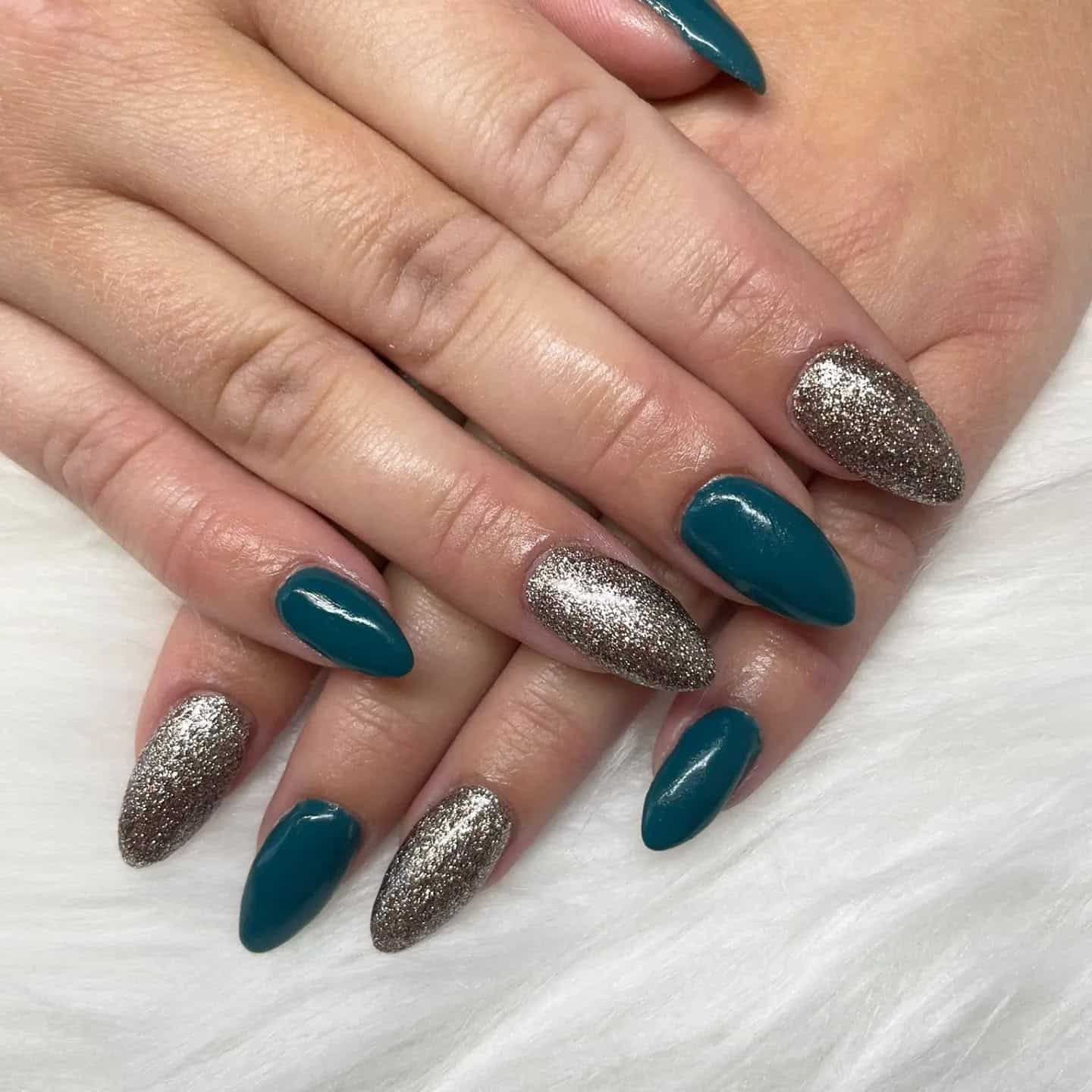 7. Teal & Glitter Contrast - dark teal nail ideas