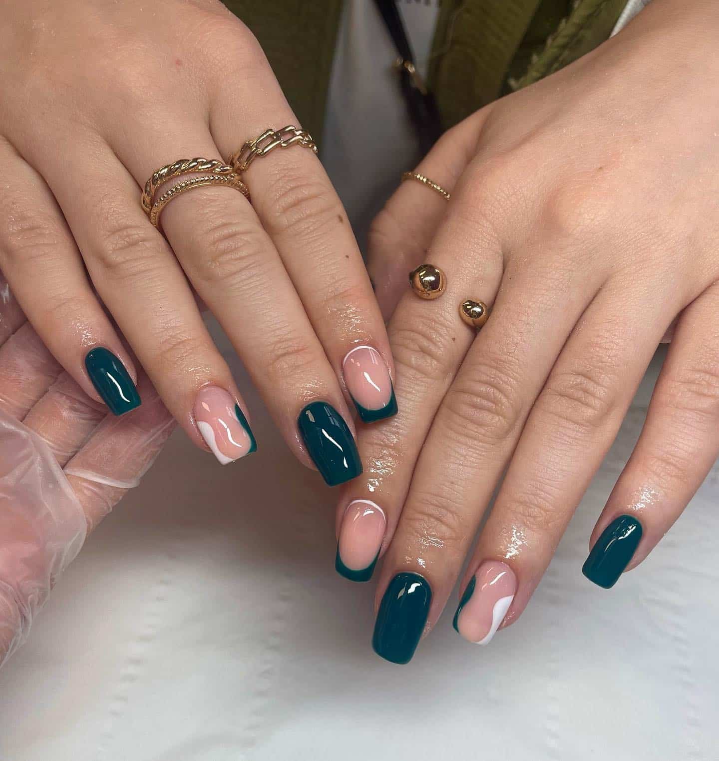 21. Dark Teal with Modern French Twist - dark teal nail ideas