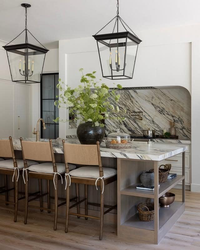 9. Marble Drama with Open Shelving - countertop ideas for kitchen