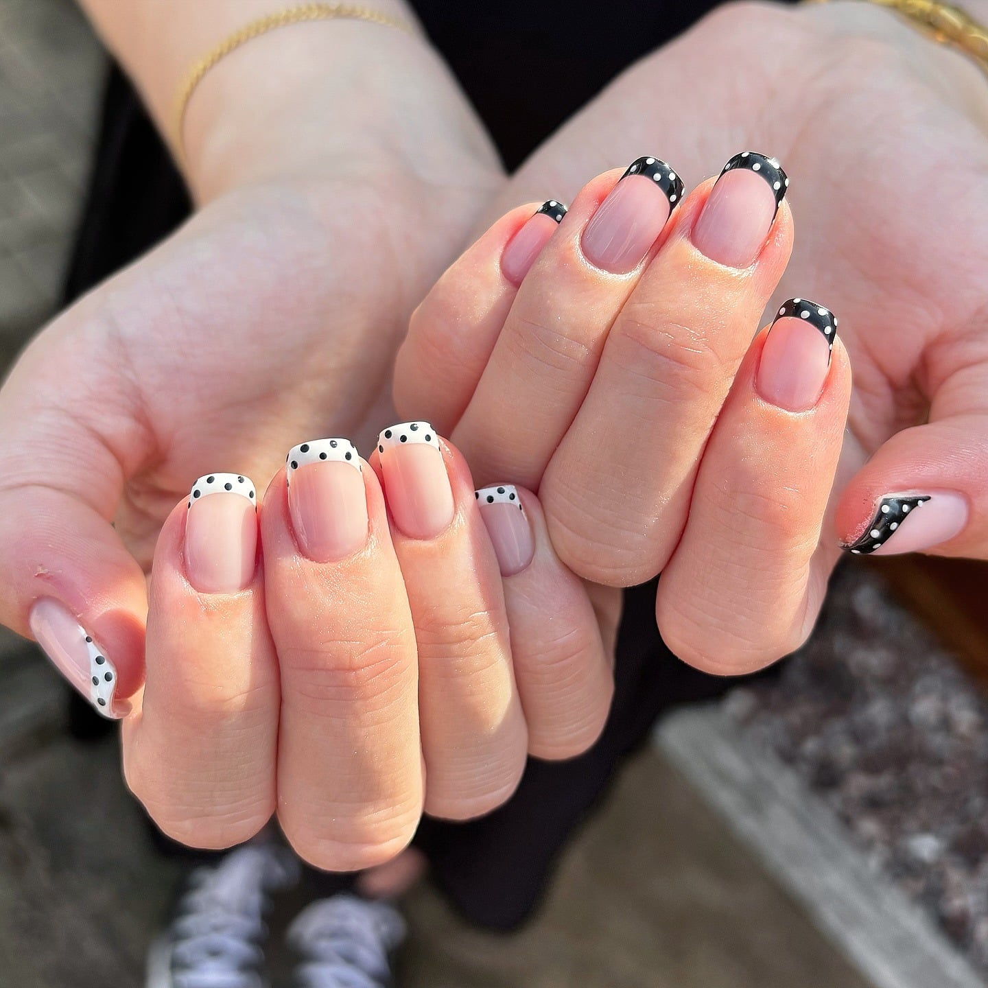 3. French Tip Polka Duo - dot nail ideas