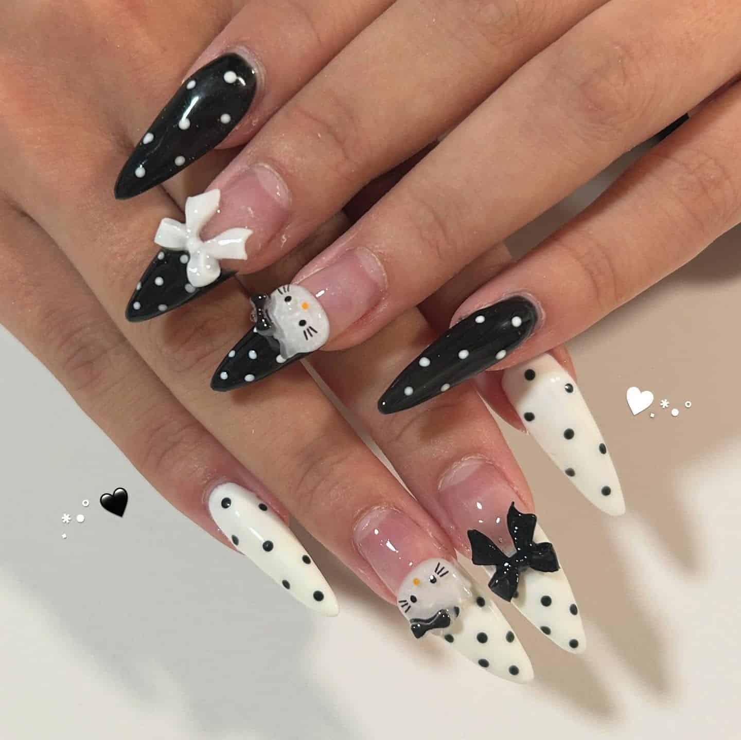 15. Monochrome Kitty Charm Set - dot nail ideas