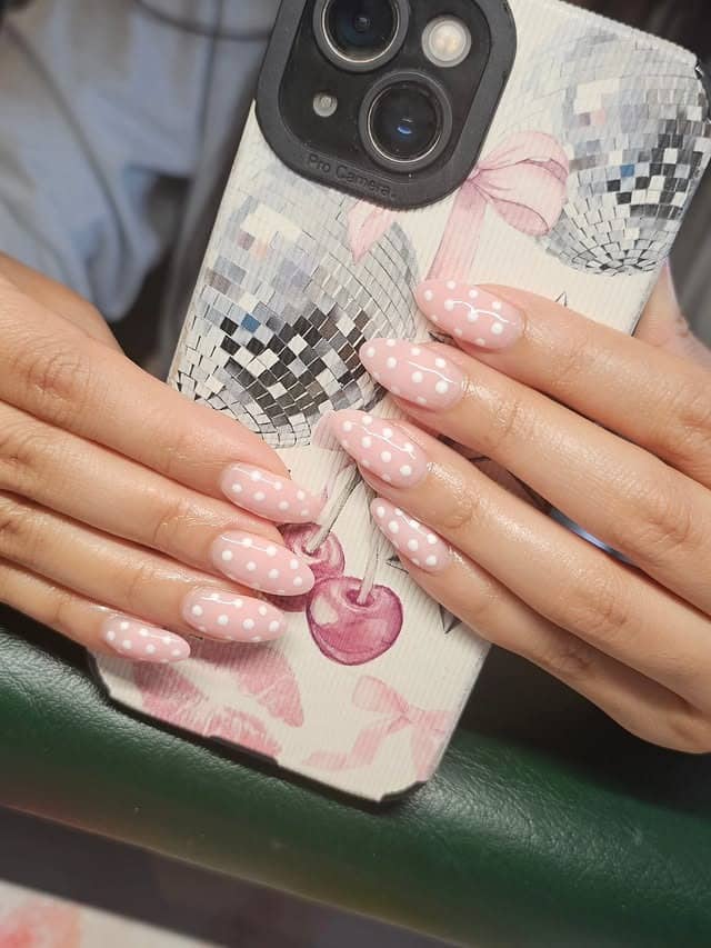 20. Soft Pink with White Dots - dot nail ideas