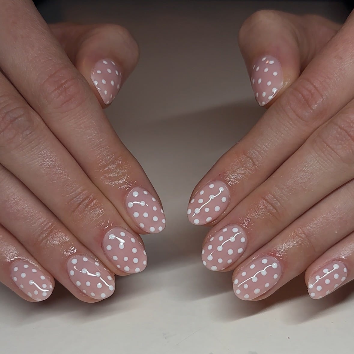 21. Milky Nude with White Dot Lines - dot nail ideas