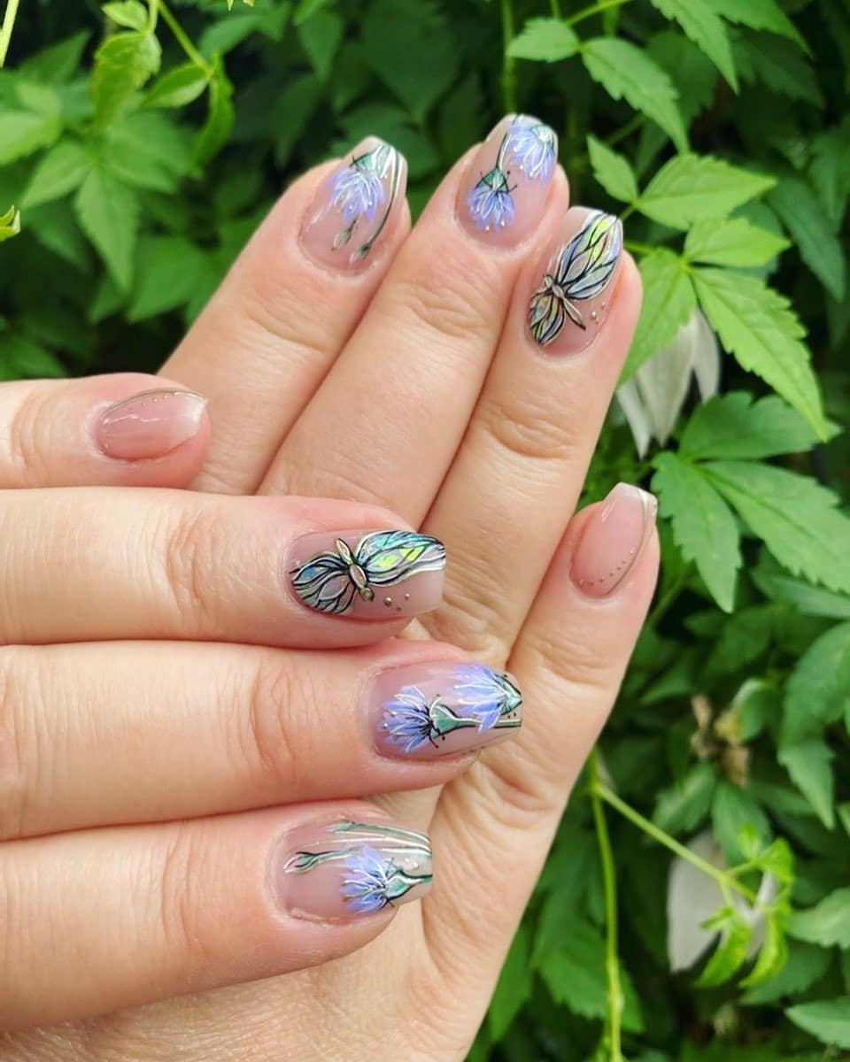 1. Delicate Meadow Glow Nails - dragonfly nail ideas