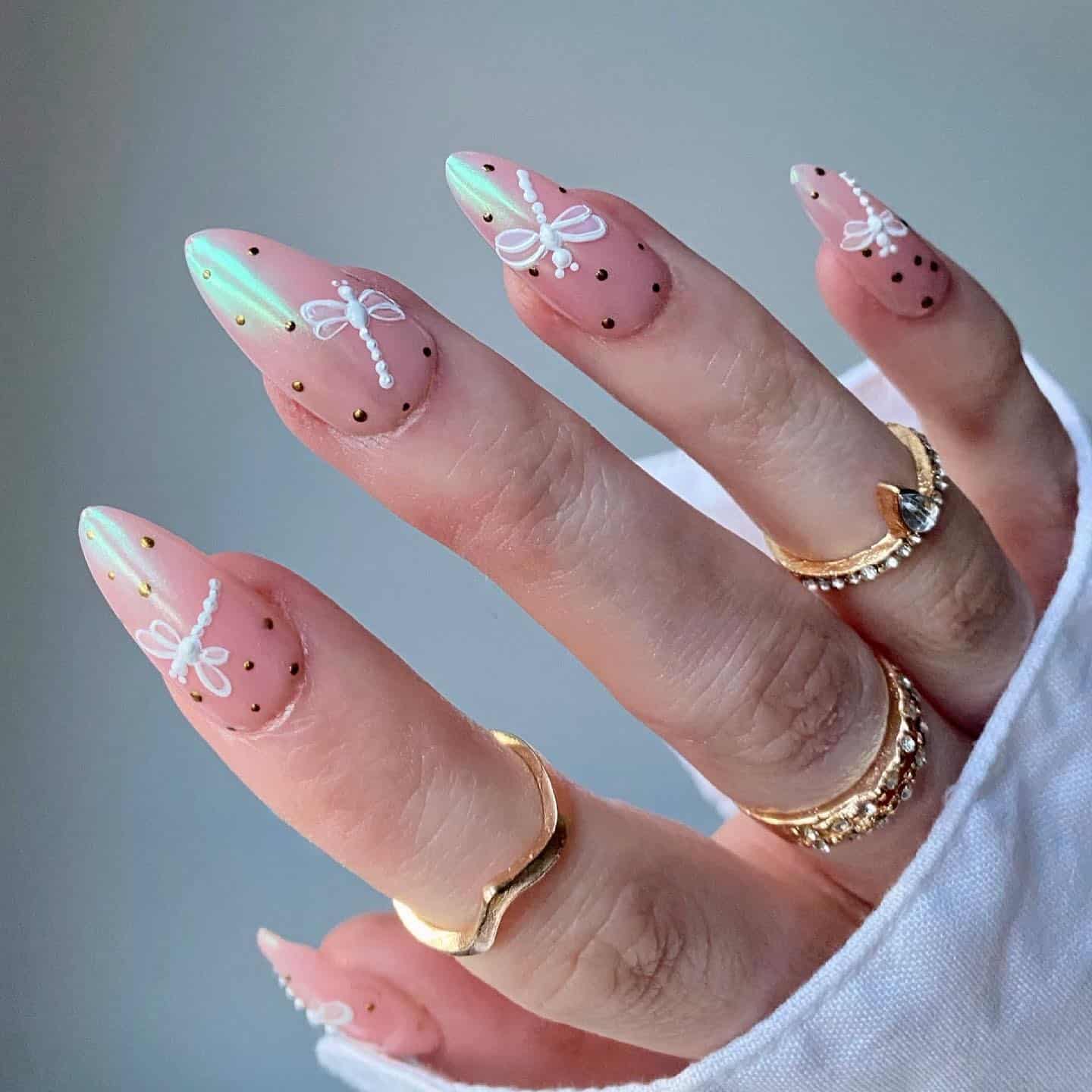 4. Pearlescent Pink Dragonfly Art - dragonfly nail ideas