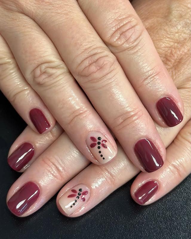 6. Burgundy Garden Accent Nails - dragonfly nail ideas
