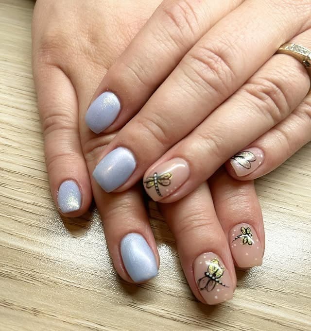 7. Soft Blue Shimmer Dragonfly Nails - dragonfly nail ideas