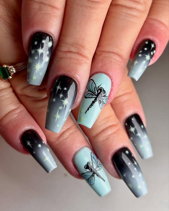 8. Starlit Gradient Dragonfly Nails - dragonfly nail ideas