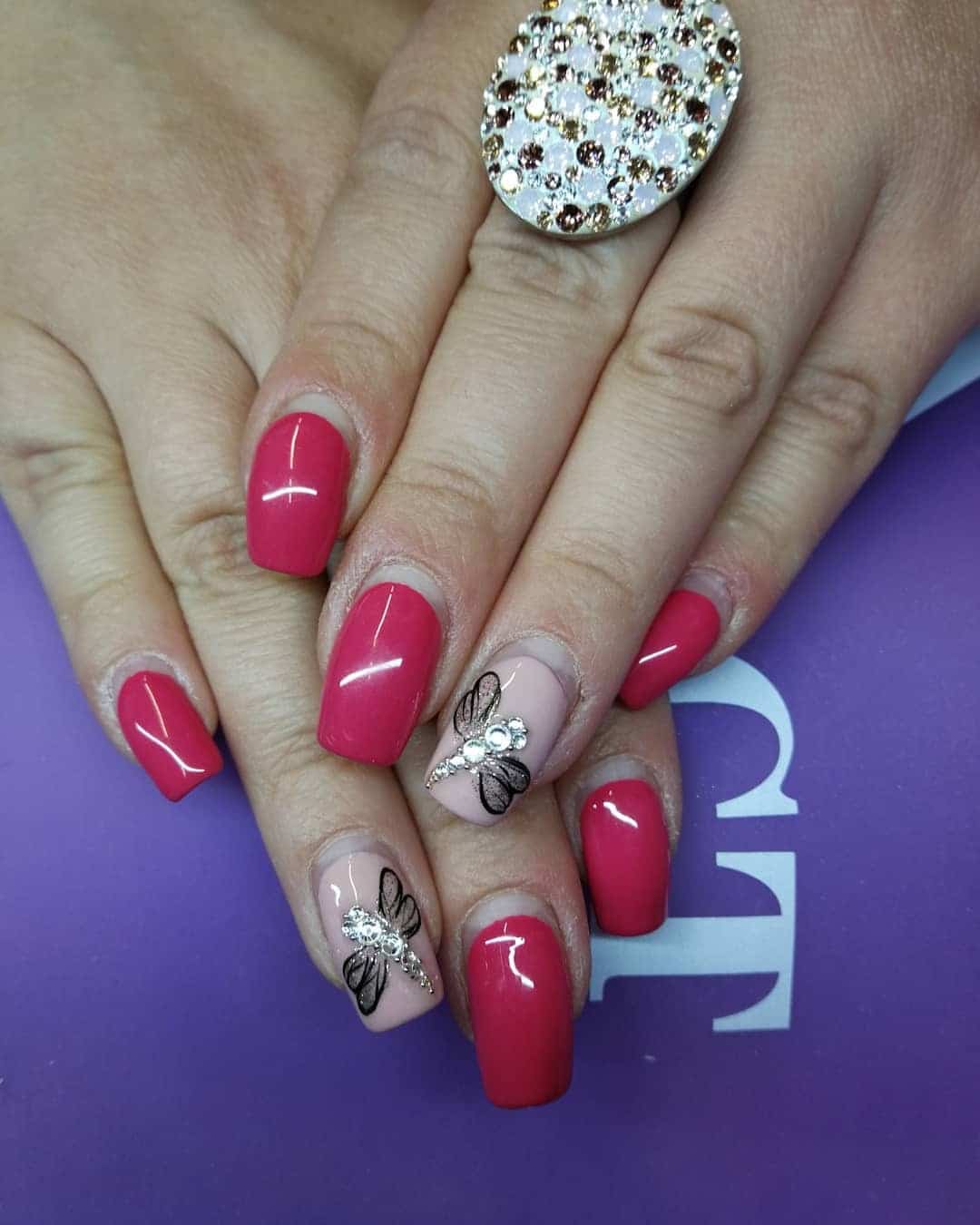 9. Rosy Elegance with Crystal Dragonflies - dragonfly nail ideas