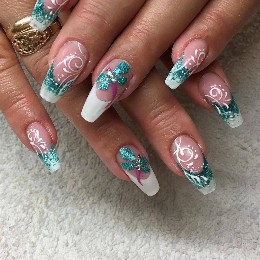 10. Teal Glitter Garden Nails - dragonfly nail ideas