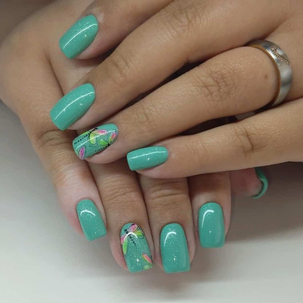 12. Mint Garden Dragonfly Nails - dragonfly nail ideas