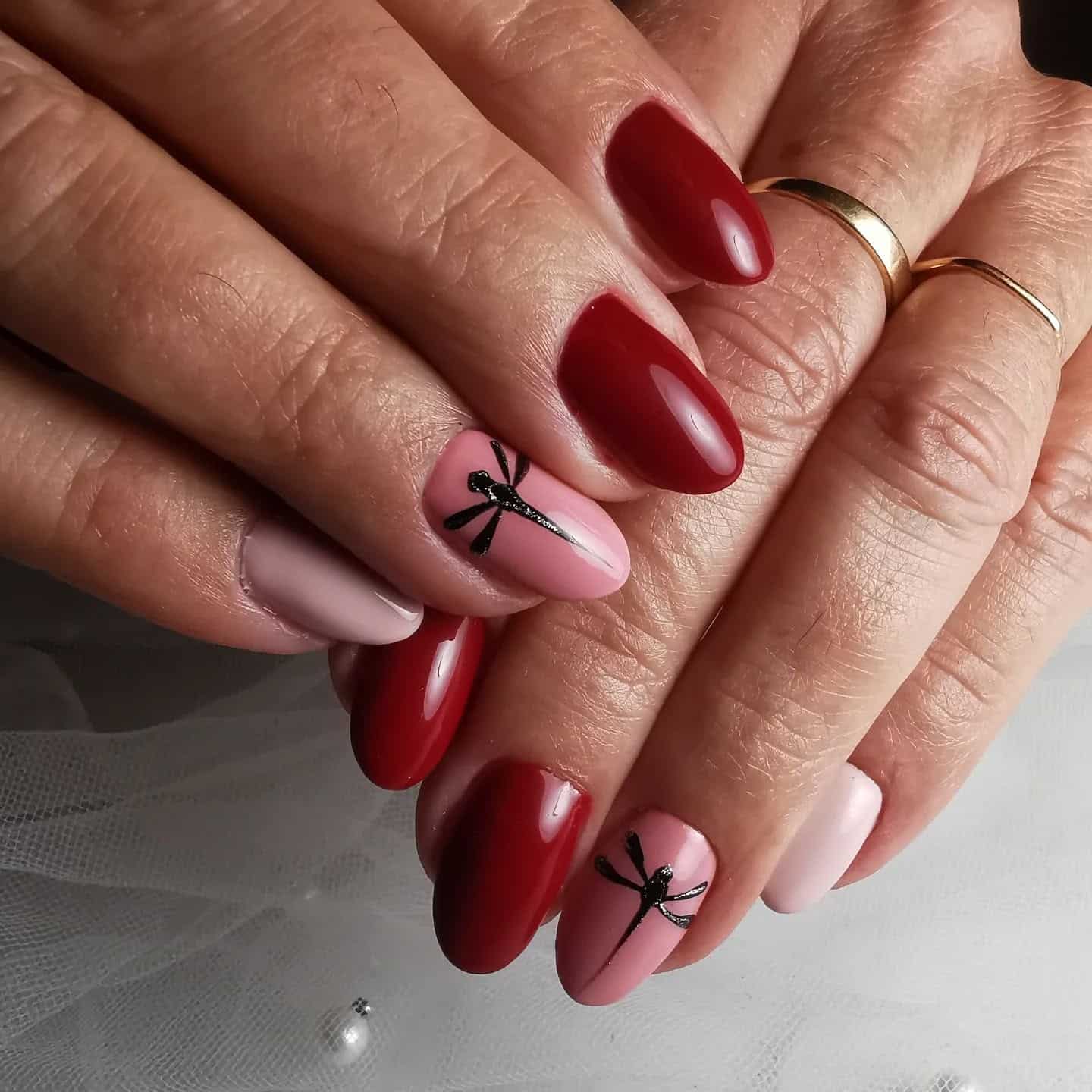 13. Crimson and Blush Contrast Nails - dragonfly nail ideas