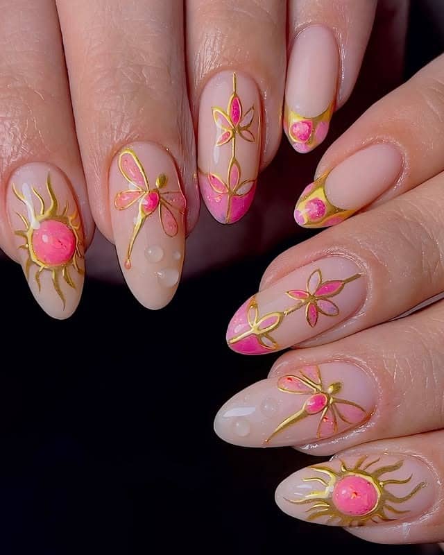 22. Golden Sunrise Dragonfly Nails - dragonfly nail ideas