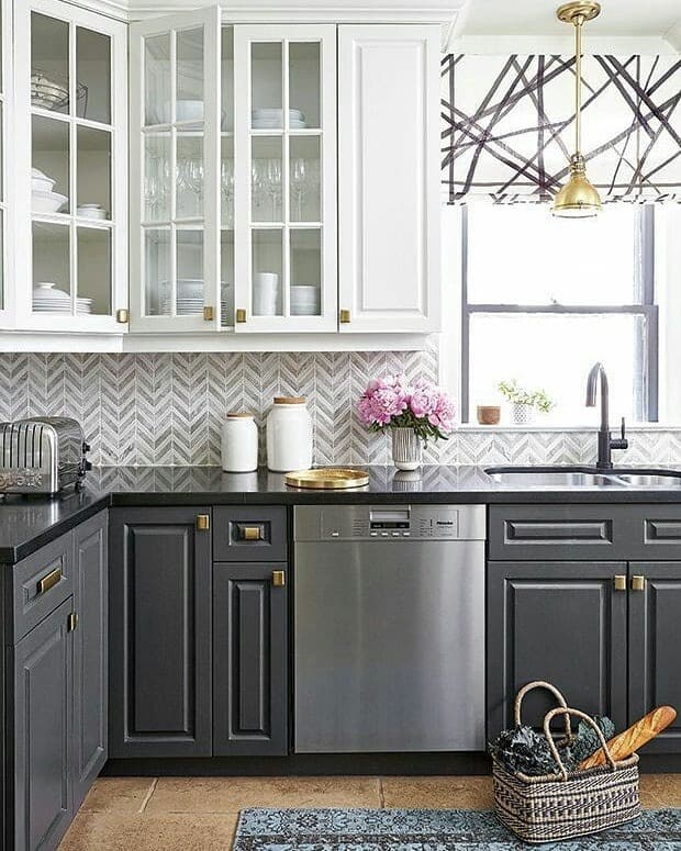 9. Chic Contrast with Black and White Geometry - gray kitchen backsplash ideas