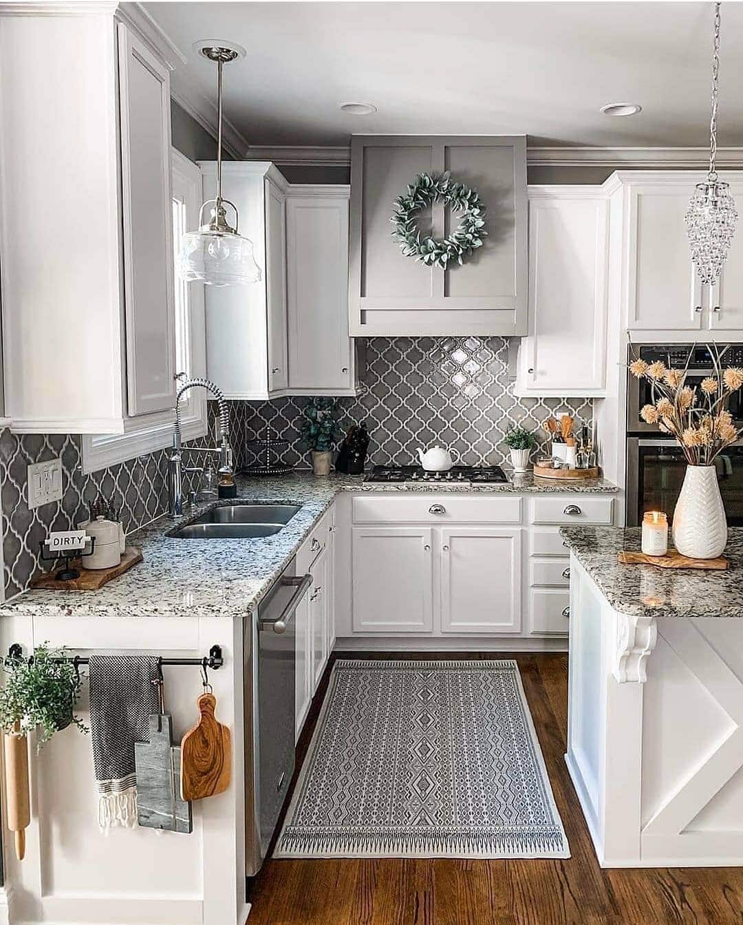 11. Cottage Charm with Gray Arabesque Tiles - gray kitchen backsplash ideas