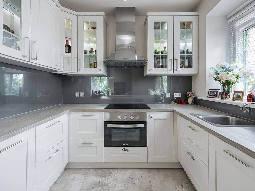 17. Glossy Gray Glass for a Clean Modern Finish - gray kitchen backsplash ideas