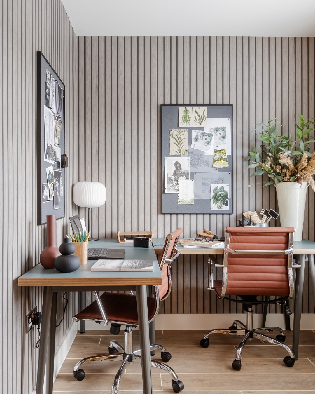7. Contemporary Function in Earth Tones - wallpaper ideas for office