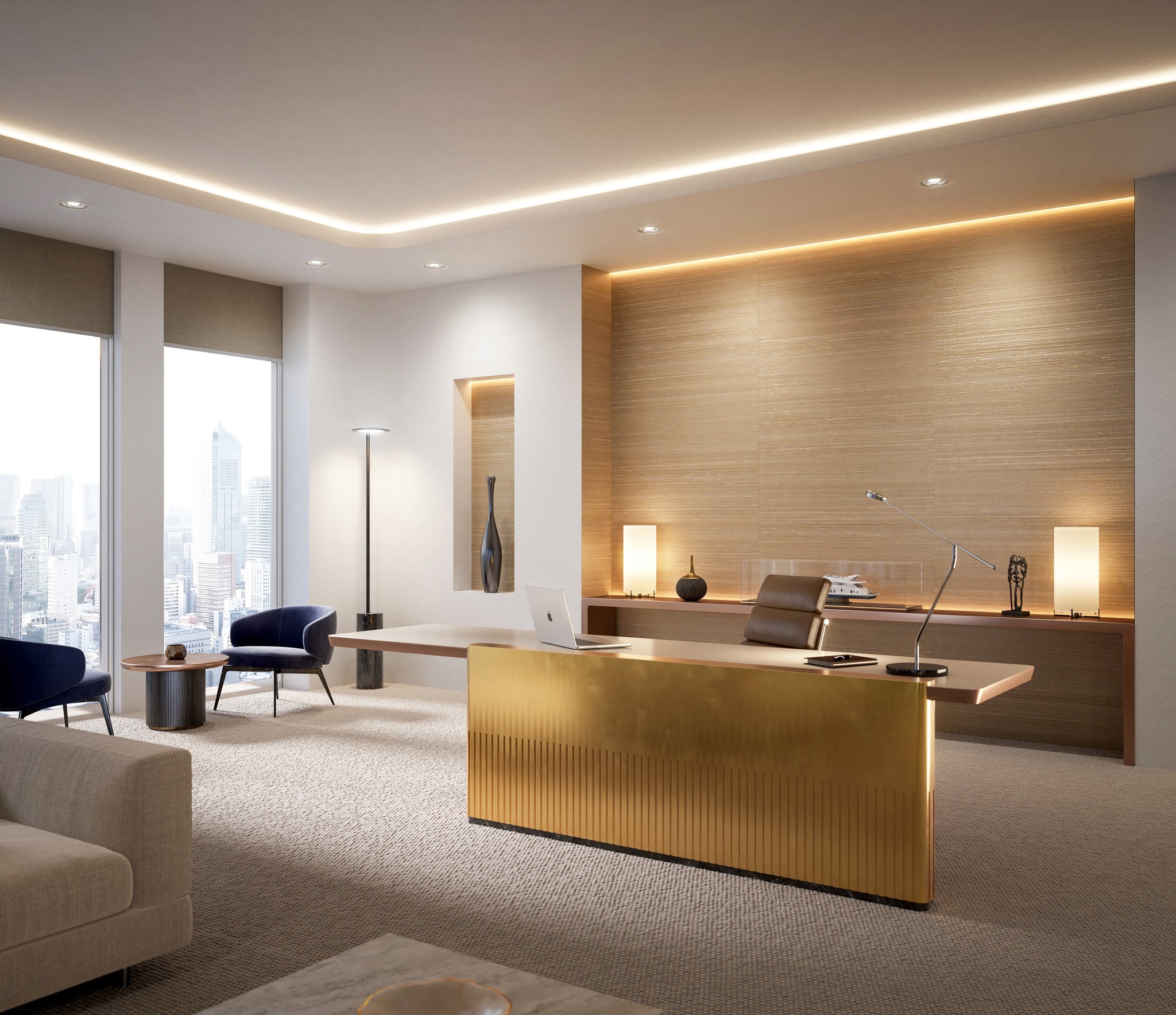 8. Golden Refinement with Urban Views - wallpaper ideas for office