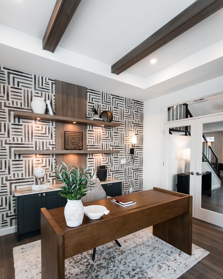 9. Patterned Geometry with Modern Warmth - wallpaper ideas for office