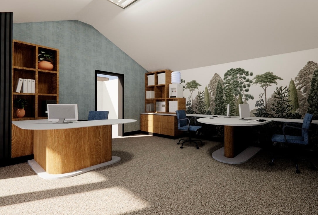 14. Nature-Inspired Collaboration in Soft Greens - wallpaper ideas for office