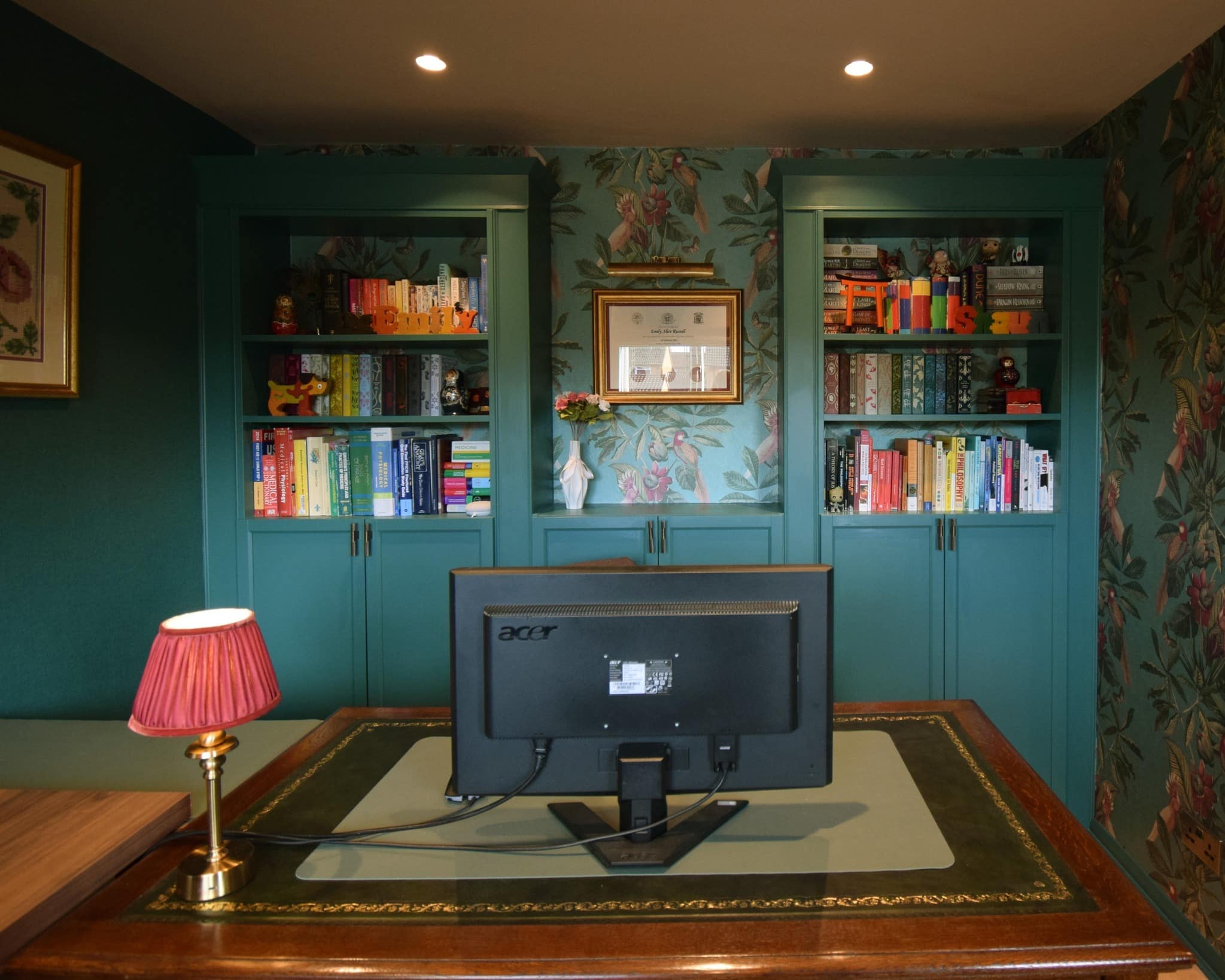 16. Vintage Charm in Teal and Botanical Prints - wallpaper ideas for office