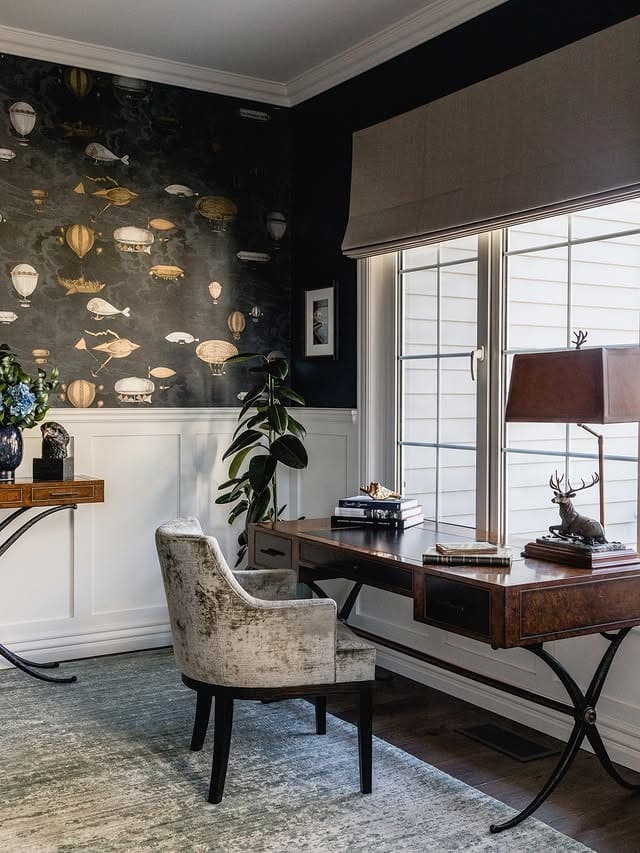 17. Timeless Exploration in Midnight Blue and Brass - wallpaper ideas for office