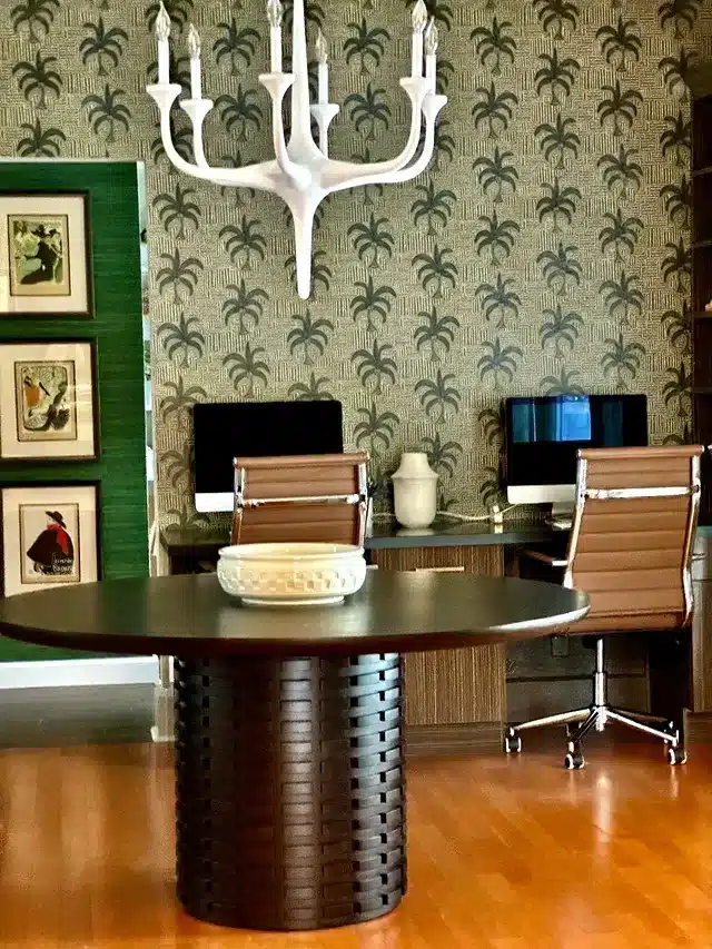 19. Tropical Elegance in Olive and Chestnut - wallpaper ideas for office