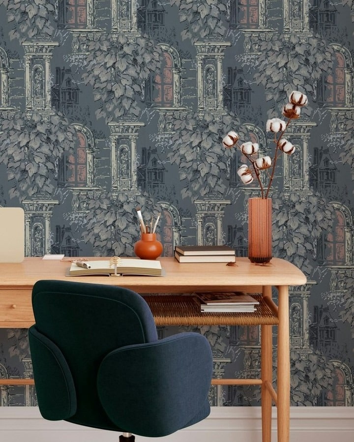 20. Architectural Romance in Slate Blue - wallpaper ideas for office
