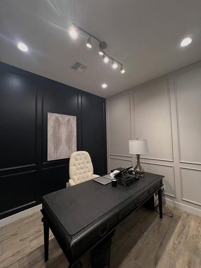 21. Monochrome Contrast with Soft Neutrals - wallpaper ideas for office