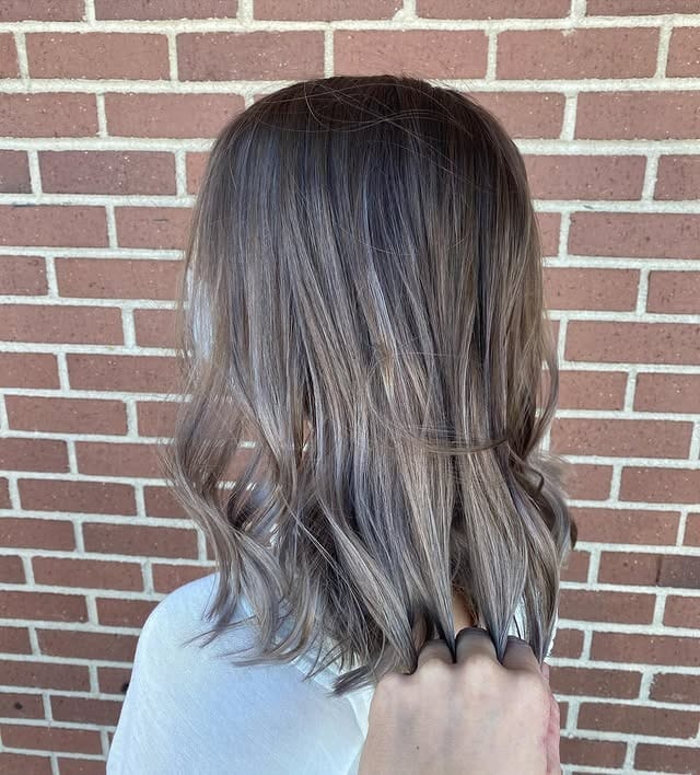 3. Smoky Taupe Mid-Length Waves - Mushroom Hair Color