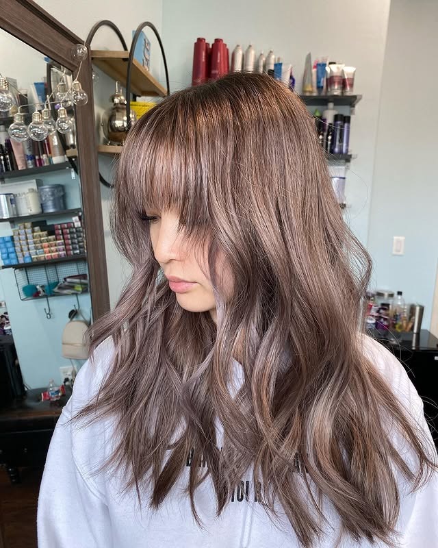 12. Textured Mauve Mushroom Layers with Bangs - Mushroom Hair Color
