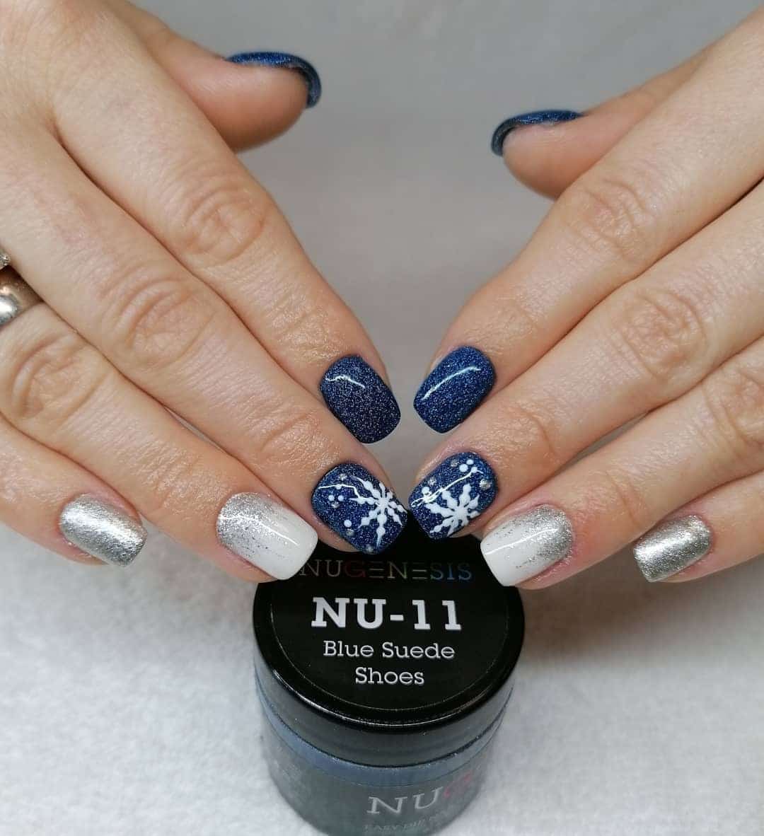 12. Blue Suede Snowflakes and Silver Frost - easy winter nail ideas