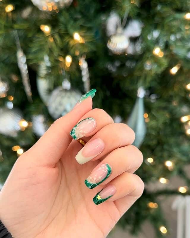 14. Evergreen French with Snow Detail - easy winter nail ideas
