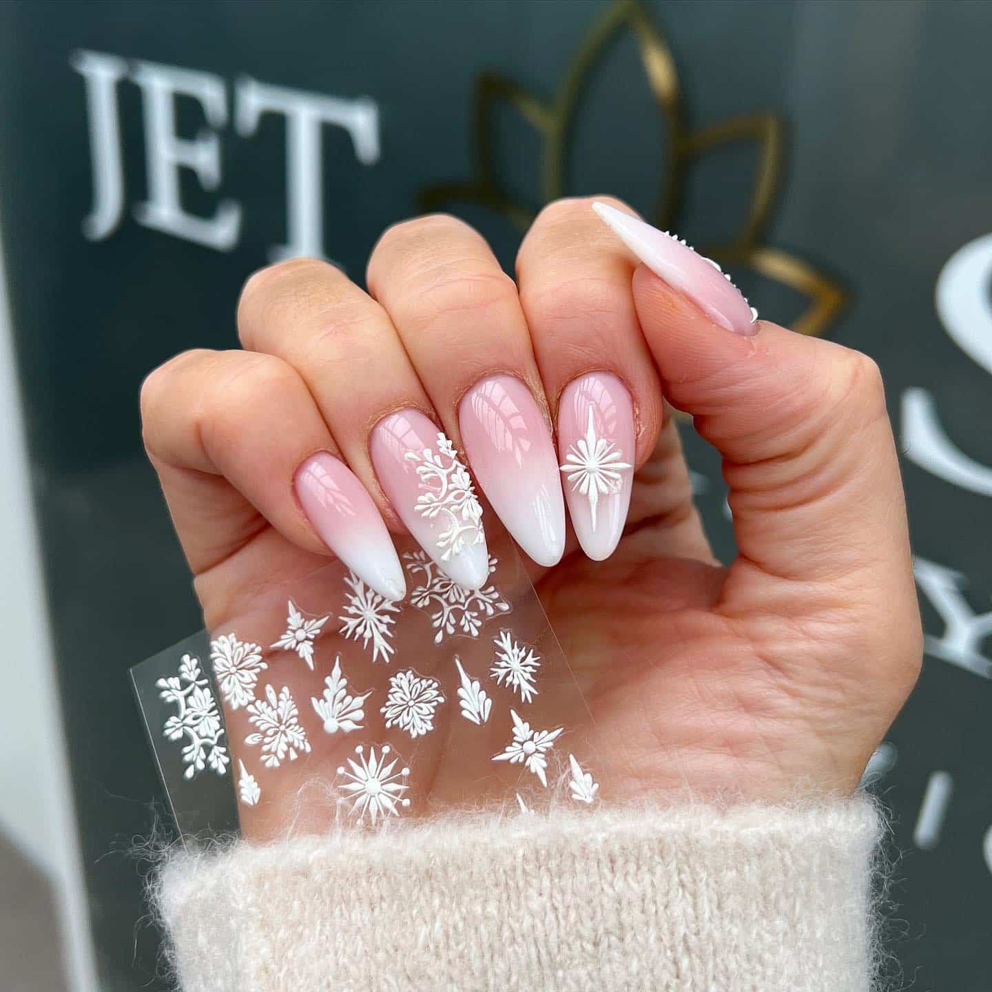 16. Soft Ombre Snowflake Elegance - easy winter nail ideas