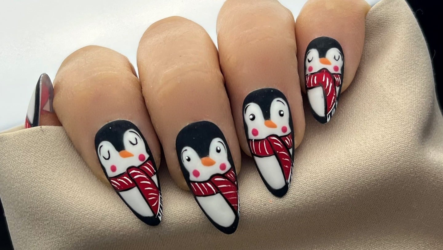 20. Penguin Parade Winter Art - easy winter nail ideas