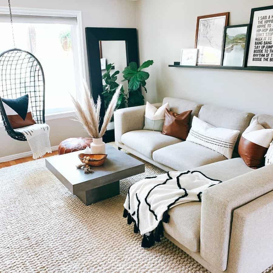 9. Modern Boho with Neutrals and Leather Accents - small living room ideas