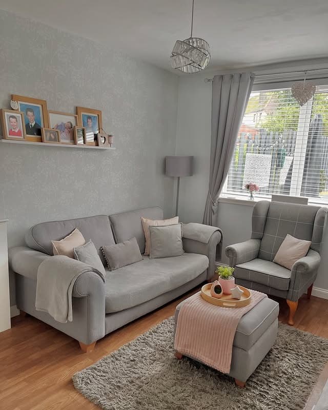 21. Soft Pastels and Cozy Gray Layers - small living room ideas