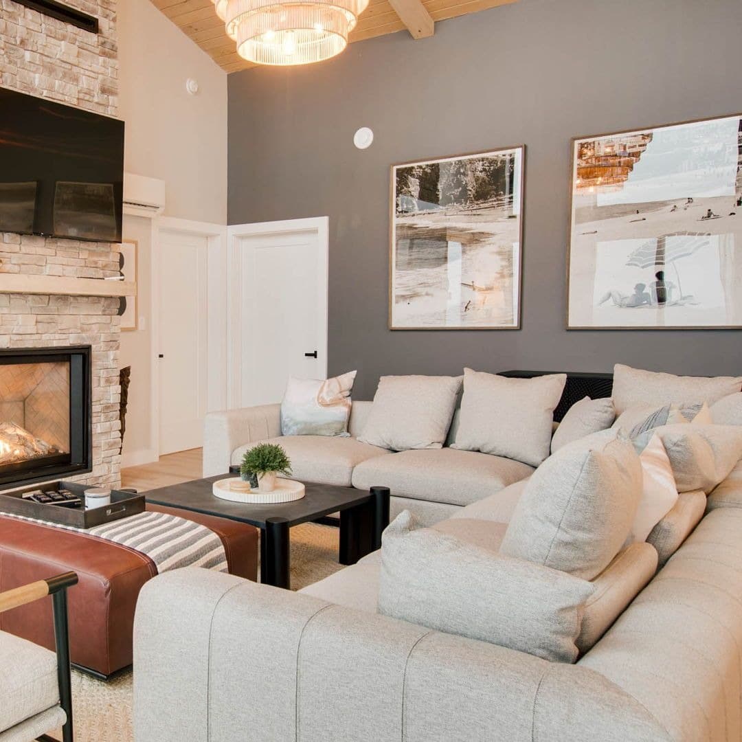 16. Mountain Lodge Comfort in Soft Grays - aesthetic living room ideas