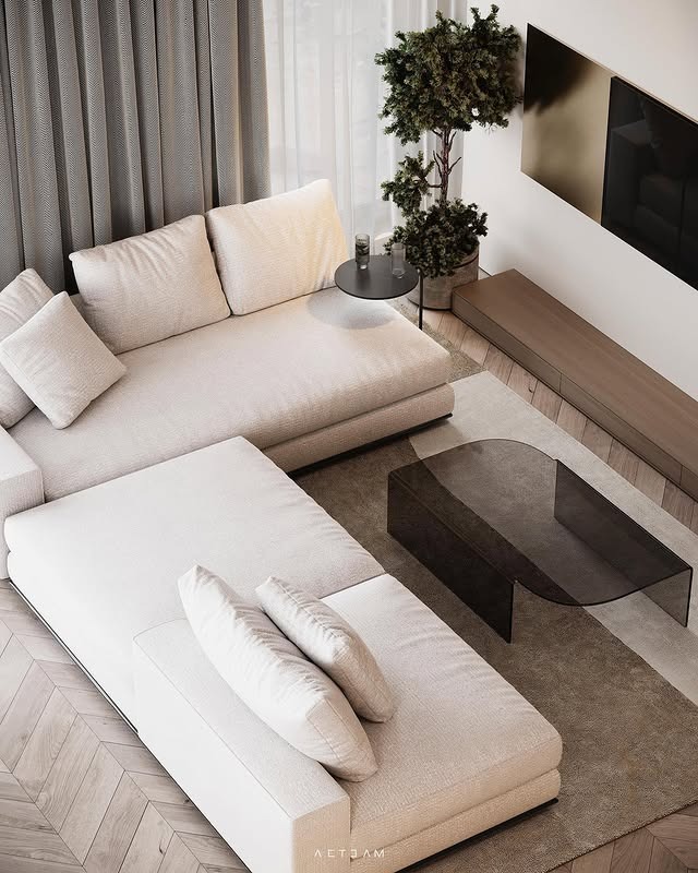 18. Contemporary Luxe in Monochrome Neutrals - aesthetic living room ideas