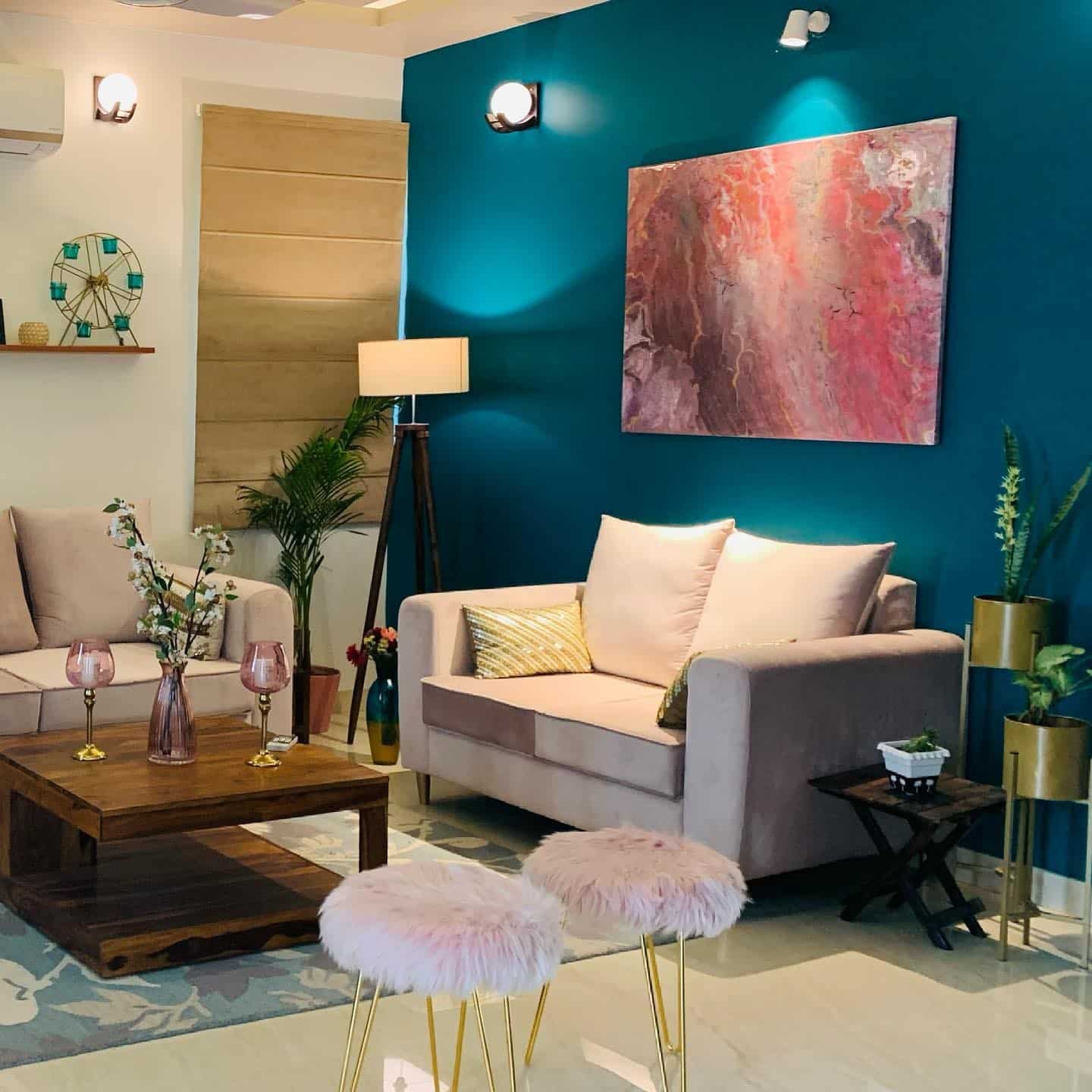 19. Modern Glamour in Teal and Blush - aesthetic living room ideas