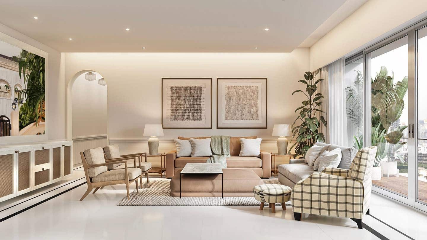 22. Warm Contemporary Elegance in Beige and Caramel - aesthetic living room ideas